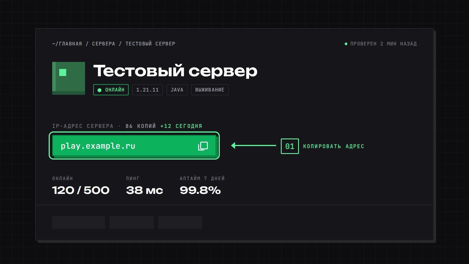 Страница «Тестового сервера» на RadarMC: адрес play.example.ru и кнопка копирования